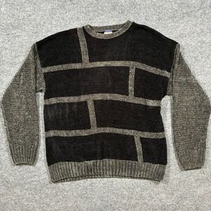 Vintage Cousin Johnny Sweater Mens XXL Black Gray Geometric USA Chenille 90s